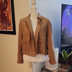 Max Studio Brown Linen Long Sleeve Coat W Pockets Oversized